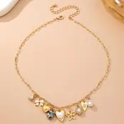 Gold-Plated Heart Bow & Pearl Dangle Charm Necklace | 80N92810