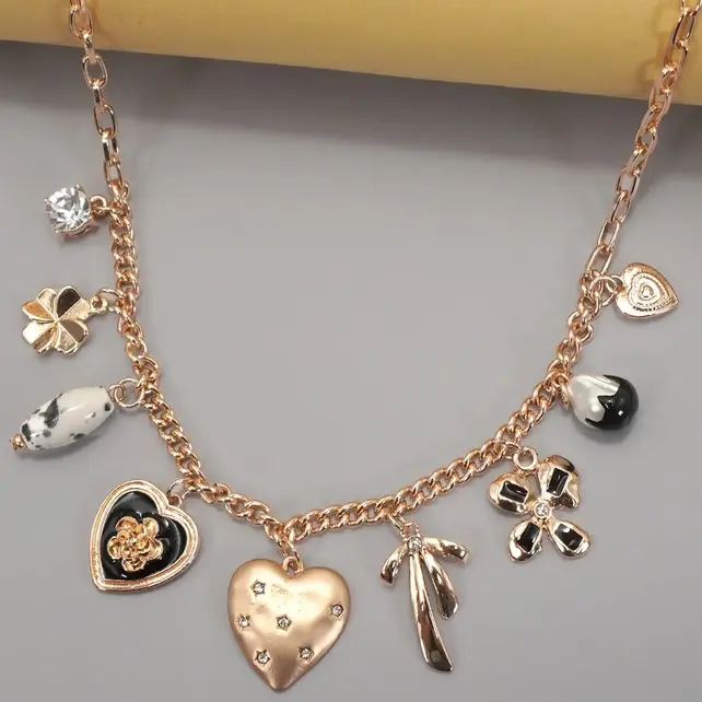 Gold Plated Heart Bow Pearl Flower Charm Necklace | 80N92312