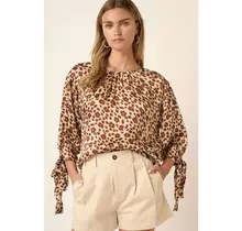 Flower Leopard Print Sleeve Tie Blouse