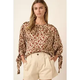 Flower Leopard Print Sleeve Tie Blouse
