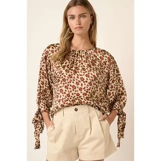 Flower Leopard Print Sleeve Tie Blouse