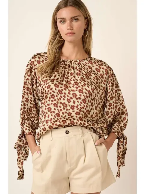 Flower Leopard Print Sleeve Tie Blouse