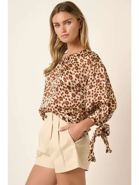 Flower Leopard Print Sleeve Tie Blouse
