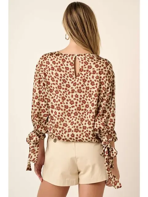 Flower Leopard Print Sleeve Tie Blouse