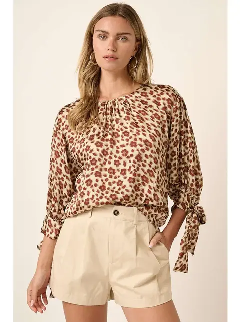 Flower Leopard Print Sleeve Tie Blouse