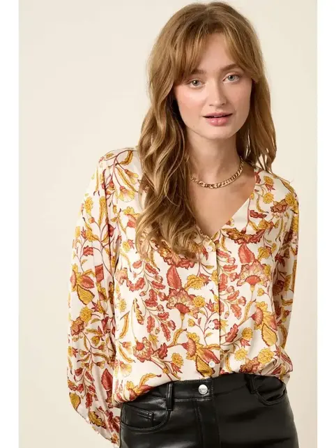 Milla Flower Print Satin V Neck Blouse