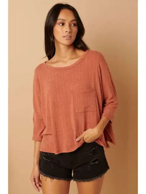 Hacci Rib Fabric Oversized Knit Top - Rust