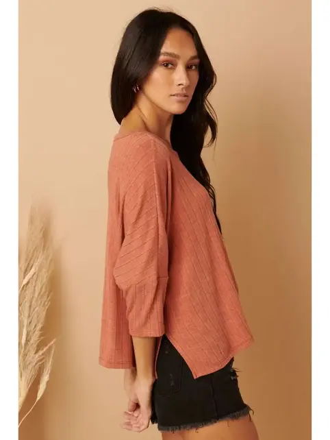 Hacci Rib Fabric Oversized Knit Top - Rust
