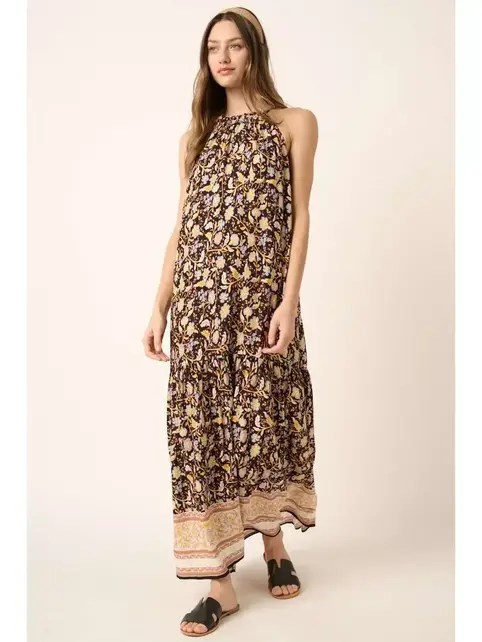 Moiree Flower Border Print Maxi Dress