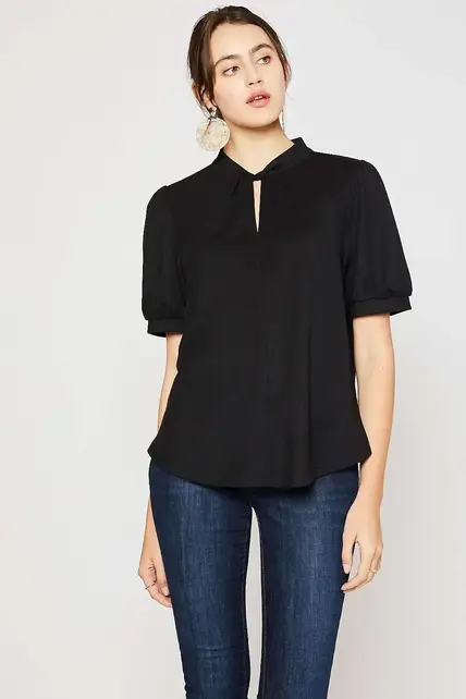 Milan Keyhole Puff Sleeves Blouse - Black