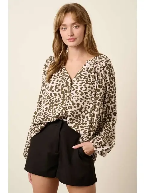 Leopard Print Sleeve Tie Blouse - Olive