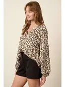 Leopard Print Sleeve Tie Blouse - Olive