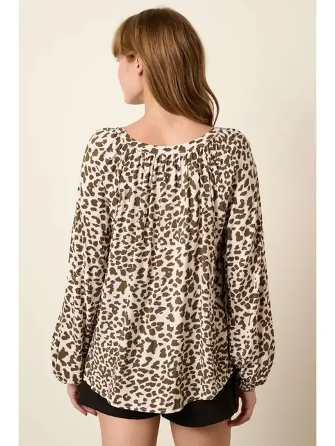 Leopard Print Sleeve Tie Blouse - Olive