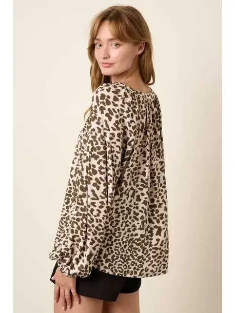 Leopard Print Sleeve Tie Blouse - Olive
