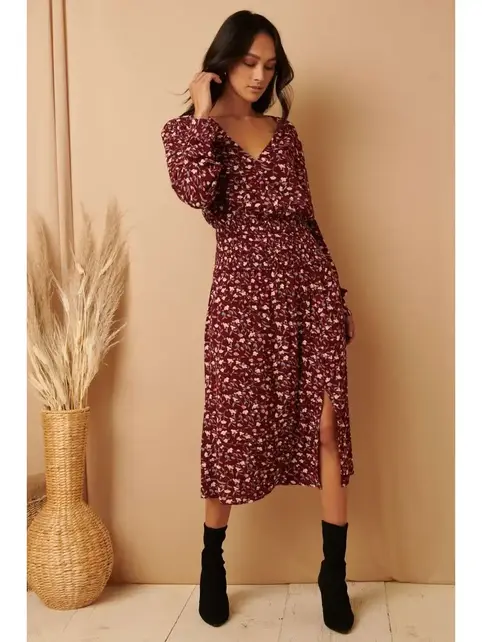 Meirra Flower Print Wrap Front - Wine