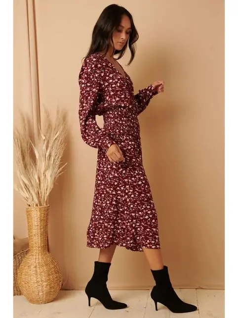 Meirra Flower Print Wrap Front - Wine