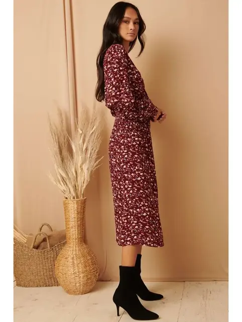 Meirra Flower Print Wrap Front - Wine