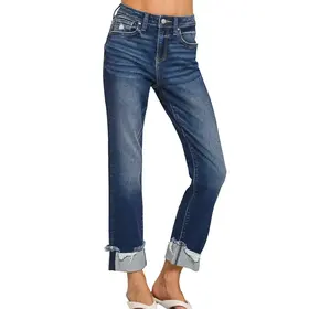 Zenana Cuffed Distressed Hem Denim Jean