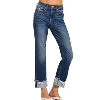 Zenana Cuffed Distressed Hem Denim Jean