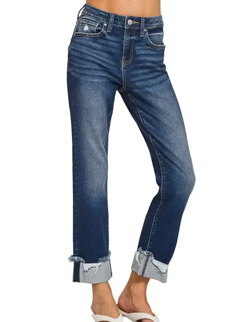 Zenana Cuffed Distressed Hem Denim Jean