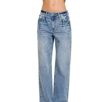 Zenana Medium Washed Straight Stretch Denim Jean