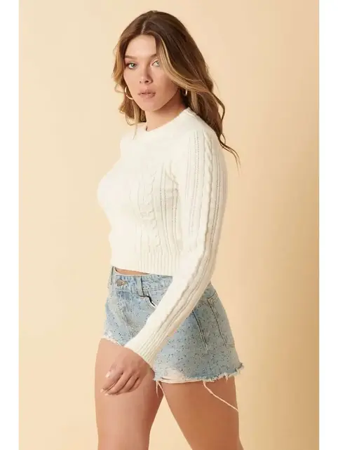 Mida Cable Knit Crop Sweater - Ivory