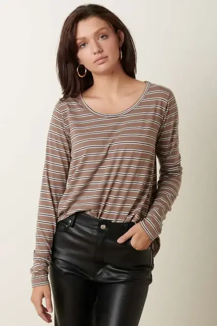 Jersey Crew Neck Long Sleeve Knit Top - Mocha