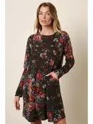 Flower Print Round Neck Mini Dress - Charcoal