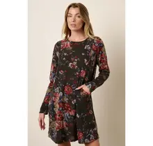 Flower Print Round Neck Mini Dress - Charcoal