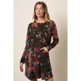 Flower Print Round Neck Mini Dress - Charcoal