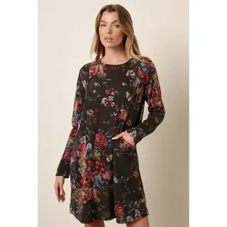 Flower Print Round Neck Mini Dress - Charcoal