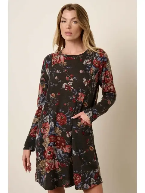 Flower Print Round Neck Mini Dress - Charcoal