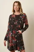 Flower Print Round Neck Mini Dress - Charcoal