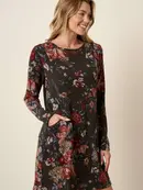 Flower Print Round Neck Mini Dress - Charcoal