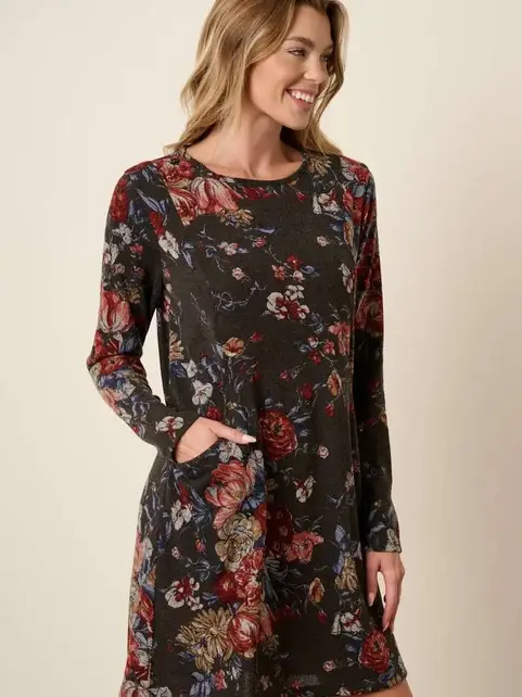 Flower Print Round Neck Mini Dress - Charcoal