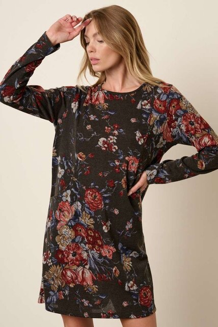 Flower Print Round Neck Mini Dress - Charcoal