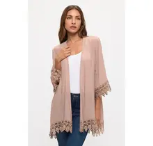 Crochet Lace Open Front Kimono Taupe