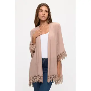Crochet Lace Open Front Kimono Taupe