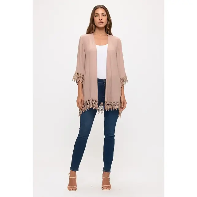 Crochet Lace Open Front Kimono Taupe