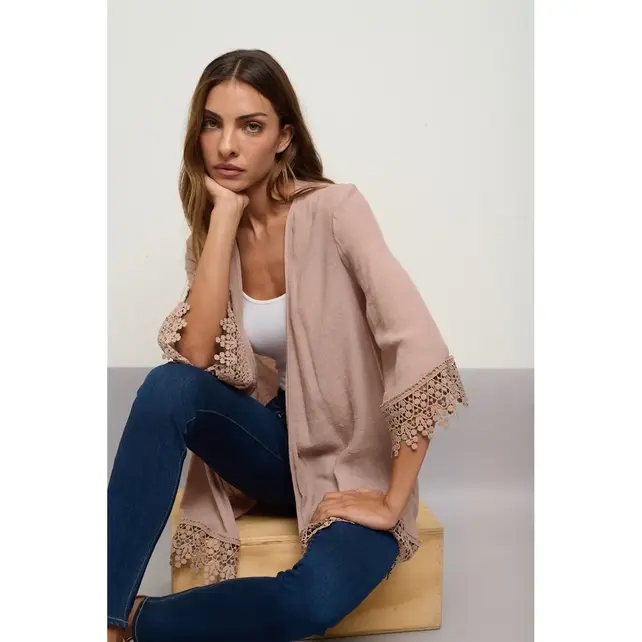 Crochet Lace Open Front Kimono Taupe
