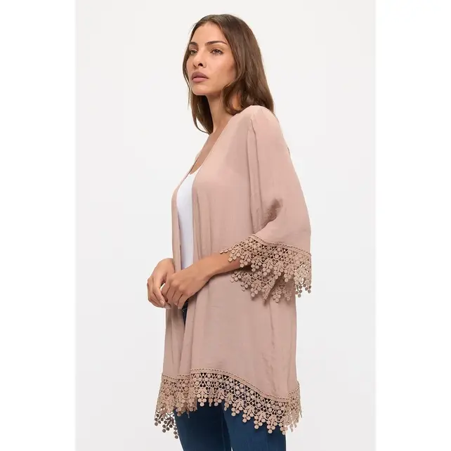 Crochet Lace Open Front Kimono Taupe