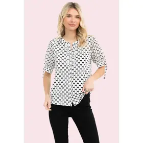Bow Print Mix Media Ruffle Shirt - Ivory Black