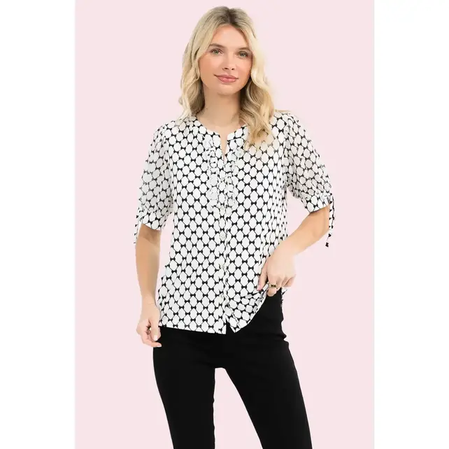 Bow Print Mix Media Ruffle Shirt - Ivory Black