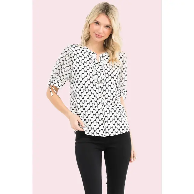 Bow Print Mix Media Ruffle Shirt - Ivory Black