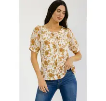 Floral Pleated Mix Media Tee - Ivory Taupe