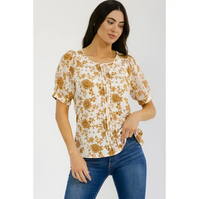 Floral Pleated Mix Media Tee - Ivory Taupe