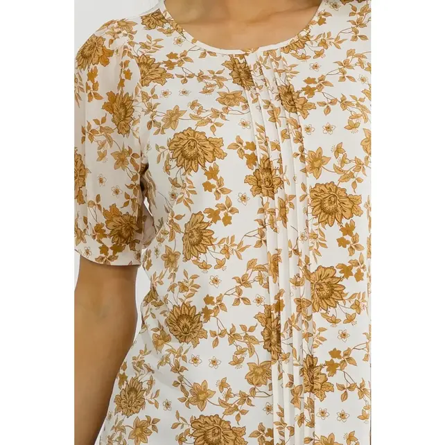 Floral Pleated Mix Media Tee - Ivory Taupe