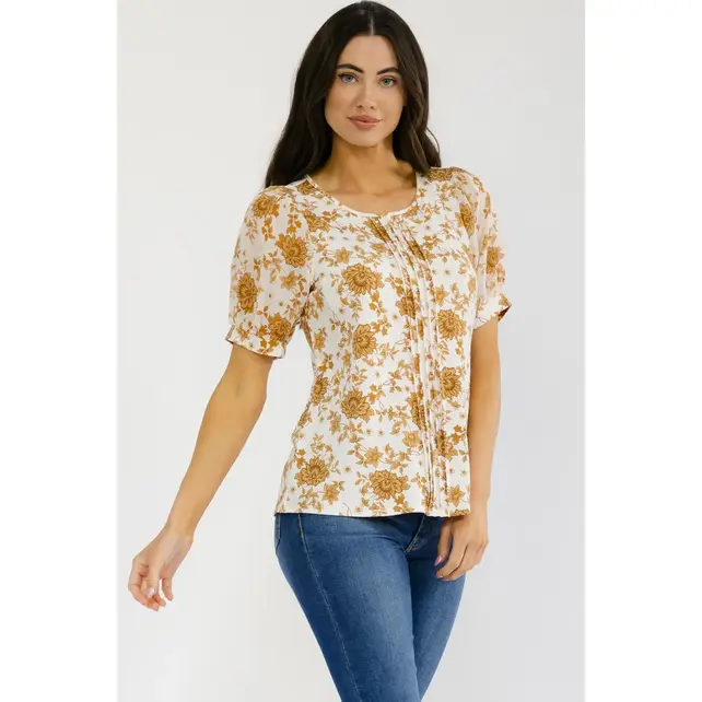 Floral Pleated Mix Media Tee - Ivory Taupe