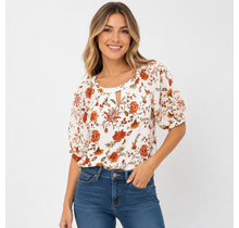 Crochet Puff Sleeve Peasant - Ivory Rust Olive