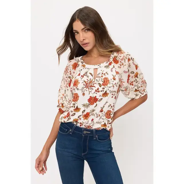 Crochet Puff Sleeve Peasant - Ivory Rust Olive